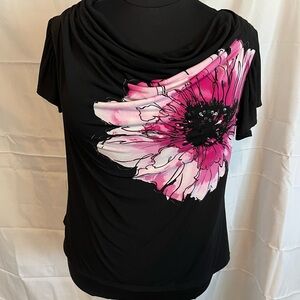 Fashion Bug Black and Pink Ruched Cap Sleeve Blouse